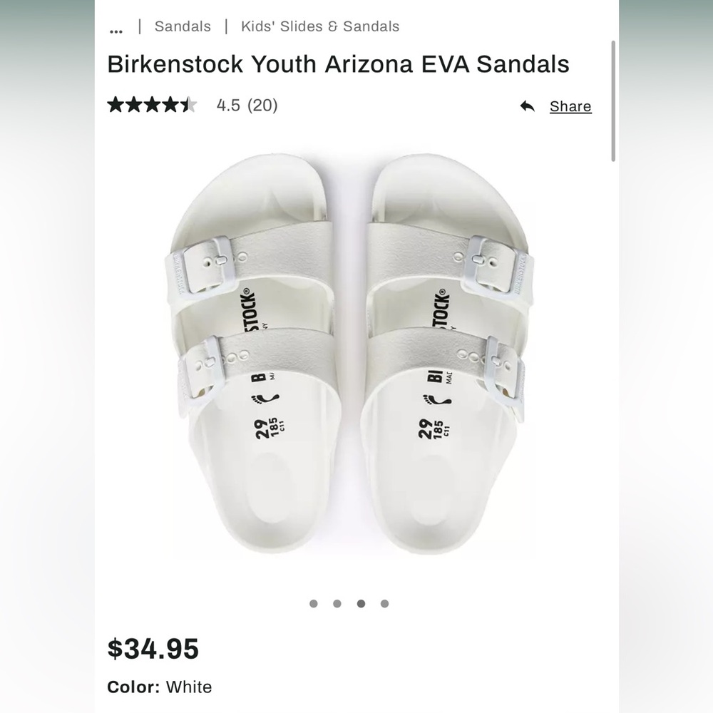 Birkenstock Youth Arizona EVA Sandals - White